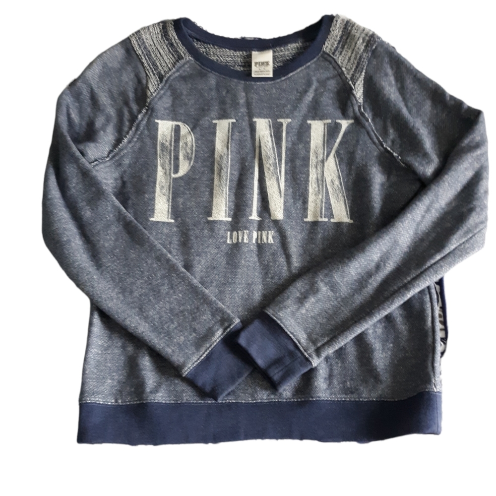 Pink Victoria's Secret Sz M Blue Faded Spellout Long Sleeve Sweatshirt